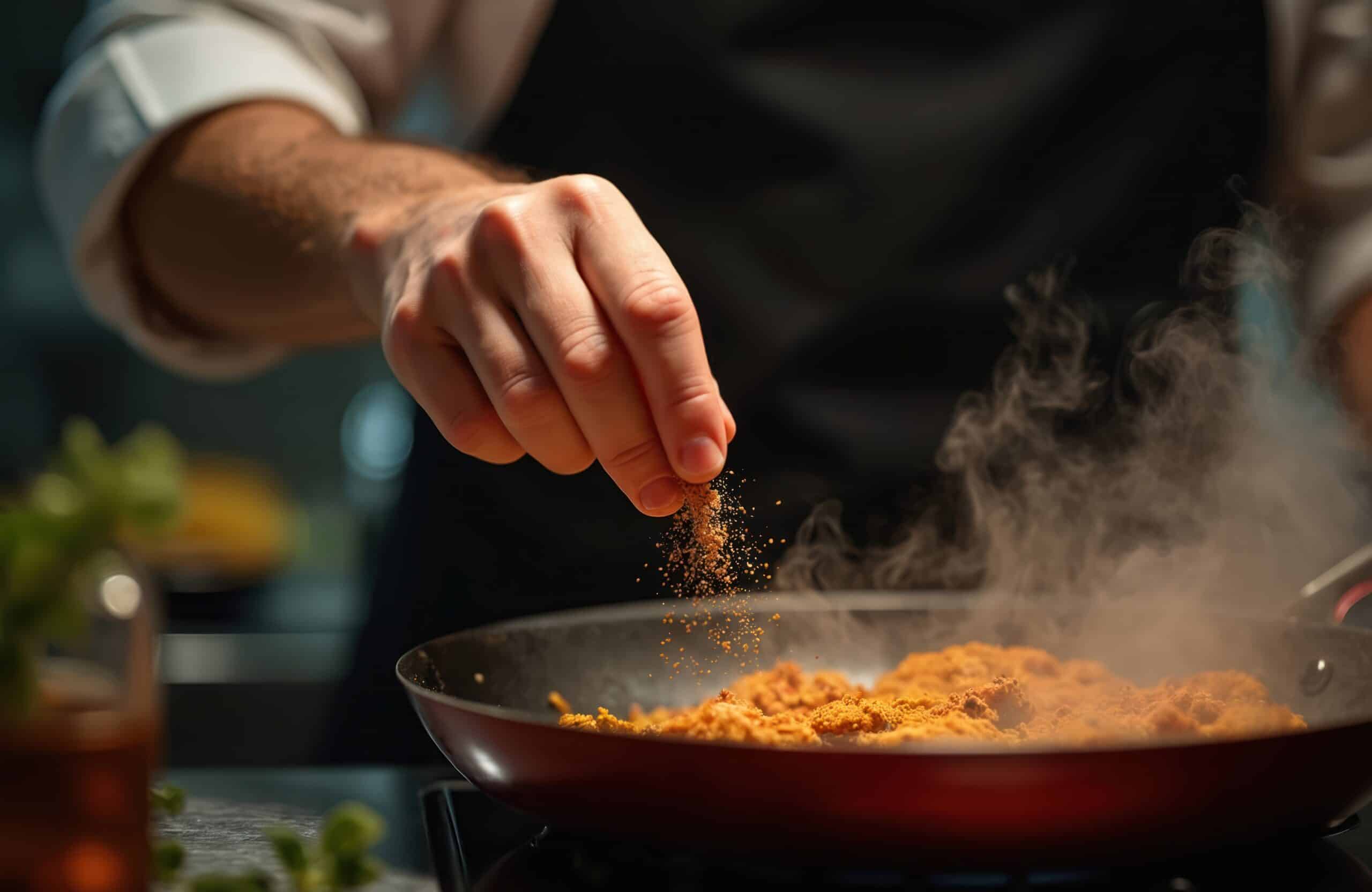 chef adds aromatic spices to hot, steaming frying pan.