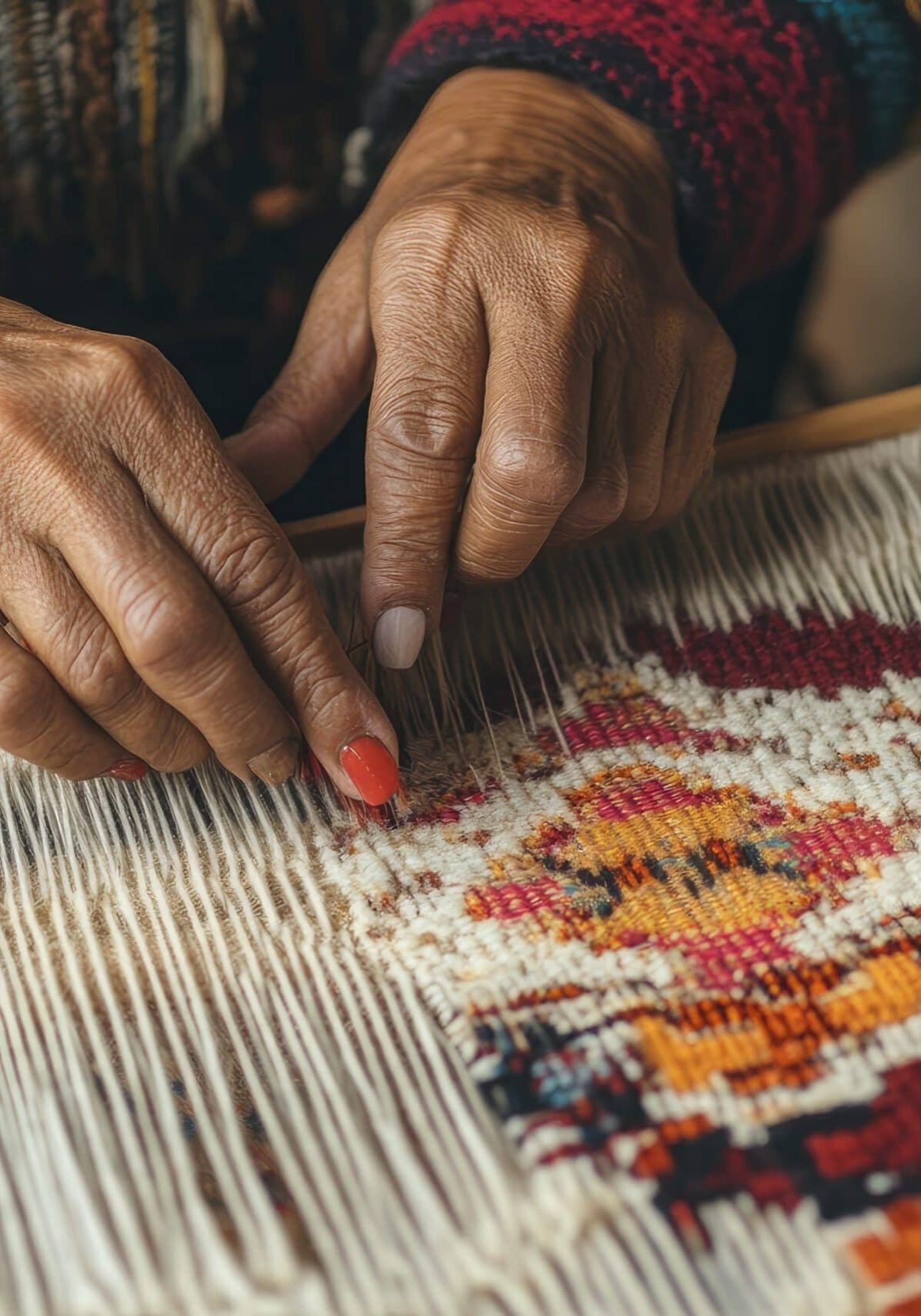 closeup on hands of female weaver at work on traditional loom