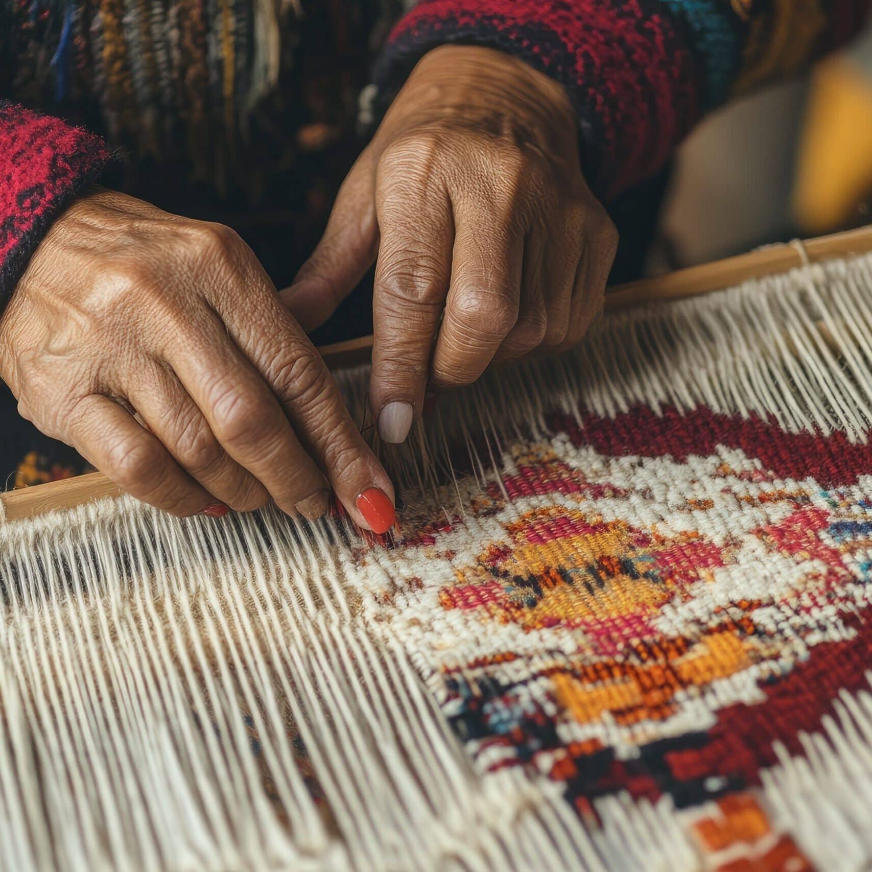 closeup on hands of female weaver at work on traditional loom
