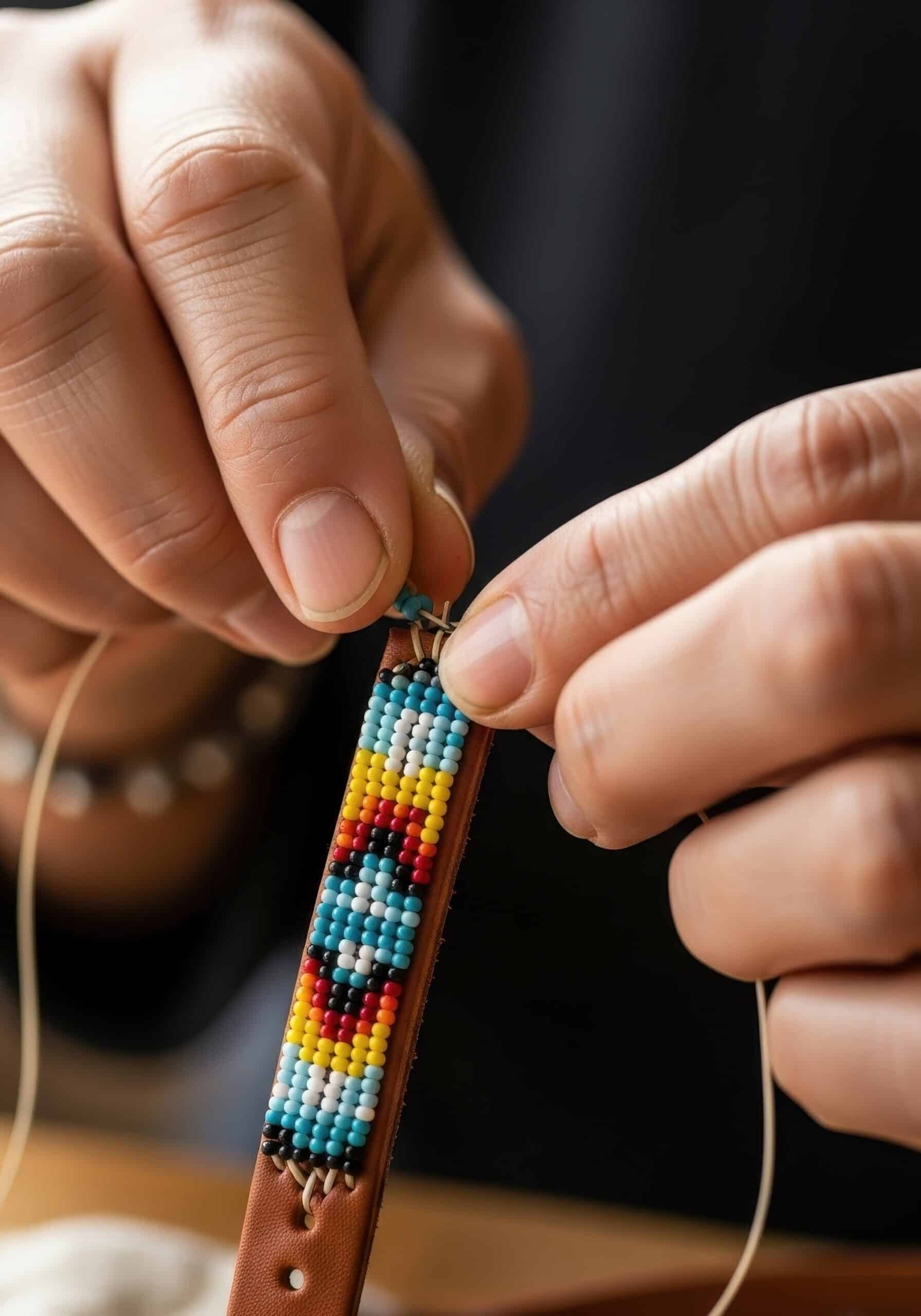 hands of indigenous artisan meticulously creating traditional beaded bracelet.