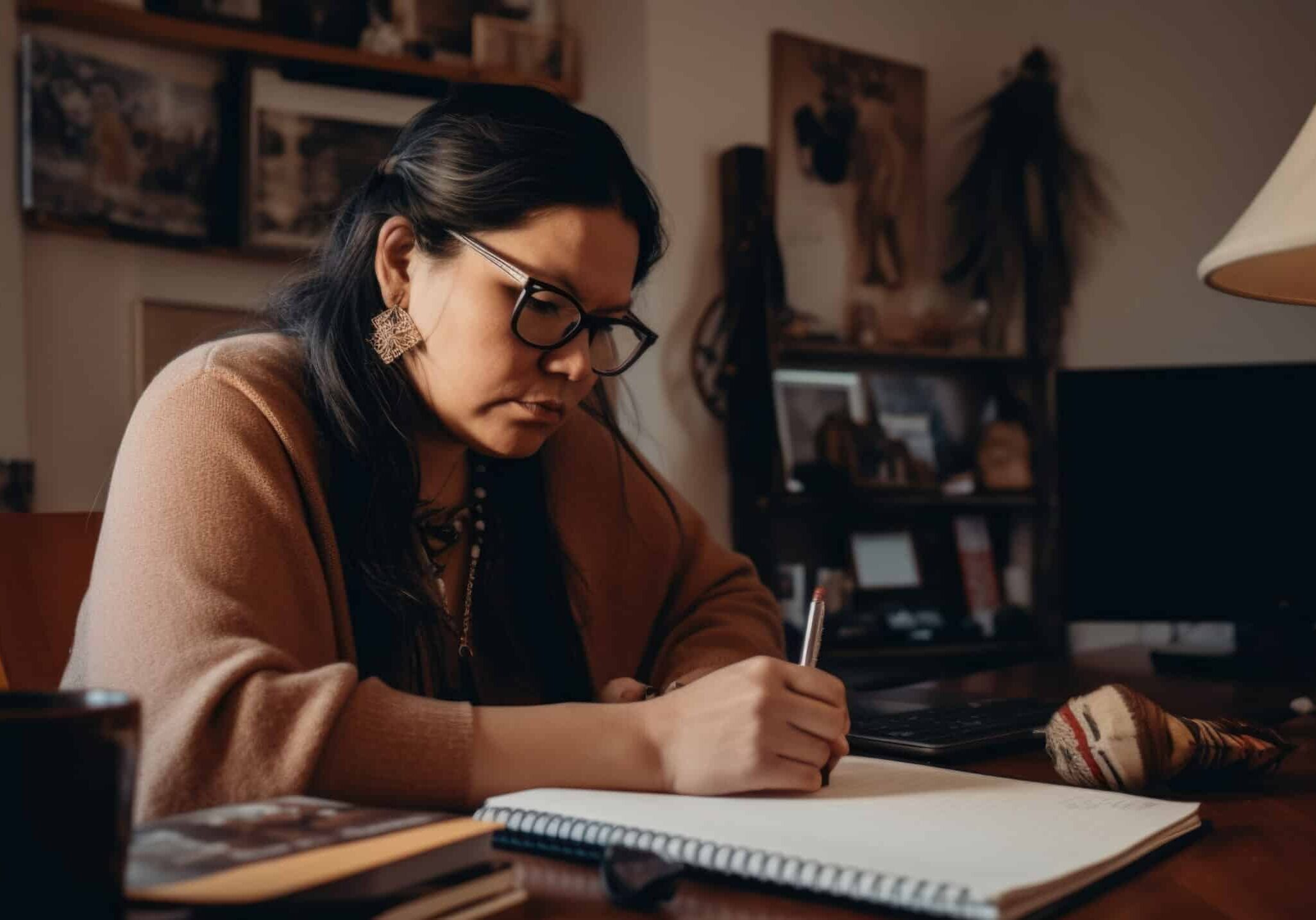 indigenous female working hard in her home office