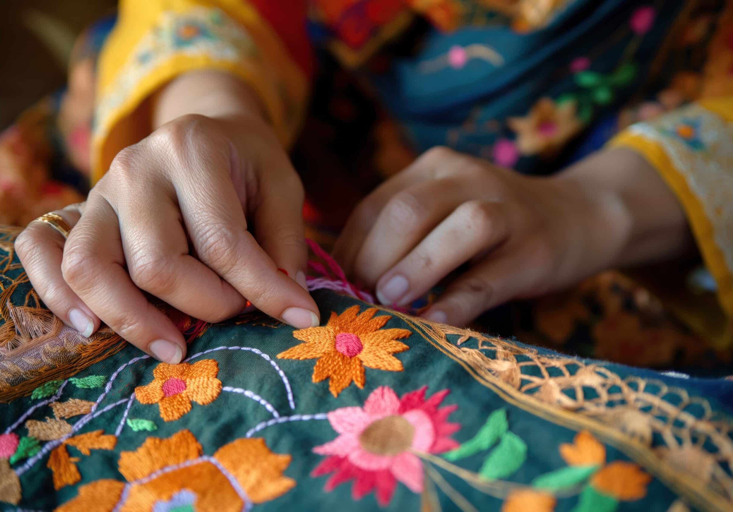 woman sits at table with colorful fabrics